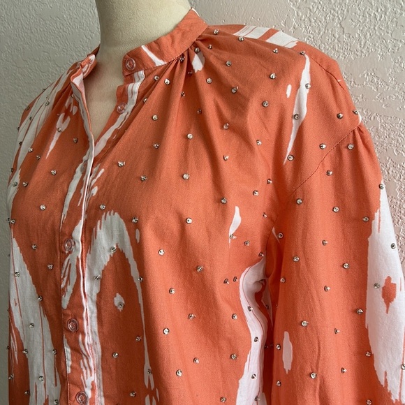 Sheridan French Embellished Ripley Blouse in Coral Ikaat Abstract Print - Picture 3 of 6